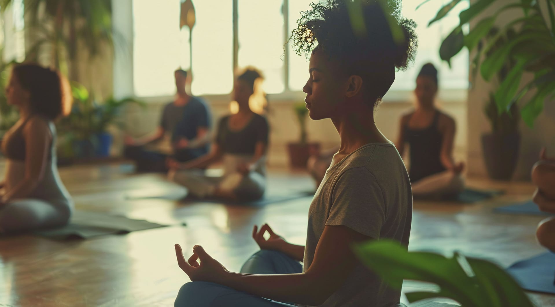Groupe en méditation assis en cercle lors d'un atelier collectif de yoga